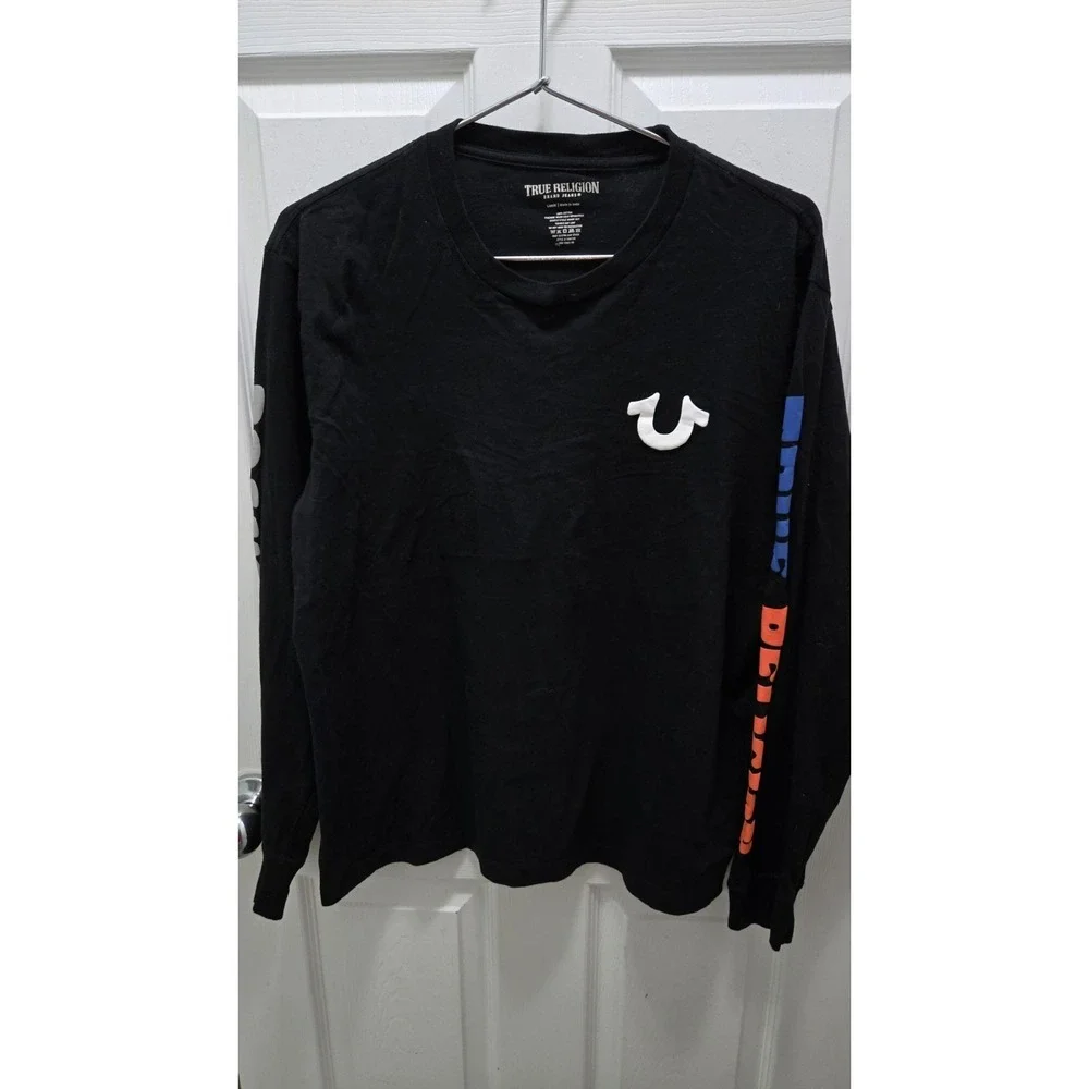 TRUE RELIGION MENS BLACK CREW NECK LONG SLEEVE T-SHIRT SIZE L Hits On Sleeves🔥